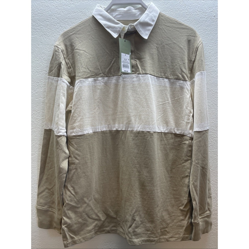 Goodfellow Men's Long Sleeve Rugby Polo Shirt Tan/white Size Small NEW